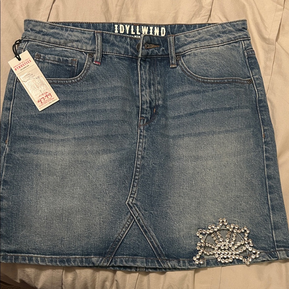 Idyllwind Blue Denim Mini Skirt with Crystal Embellishment